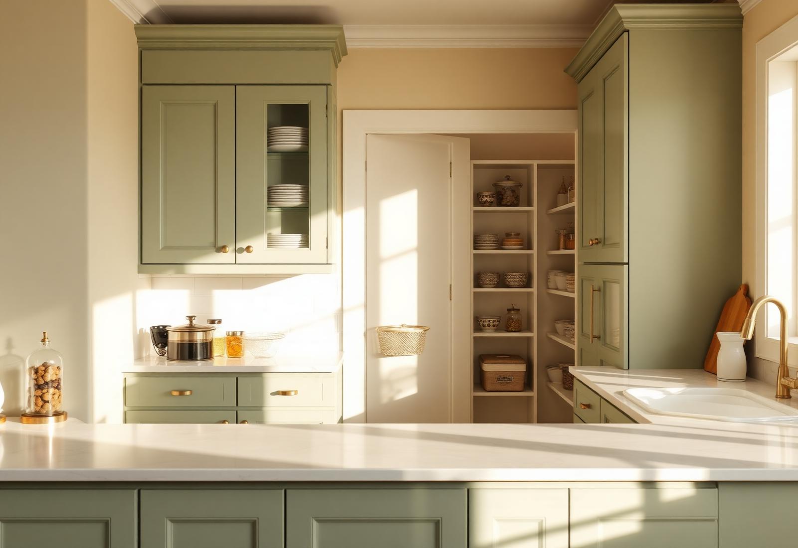 Organized sage green kitchen with clear counters and warm morning light